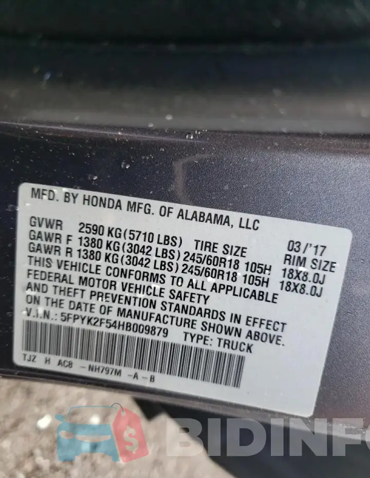 5FPYK2F54HB009879 Photo# 12