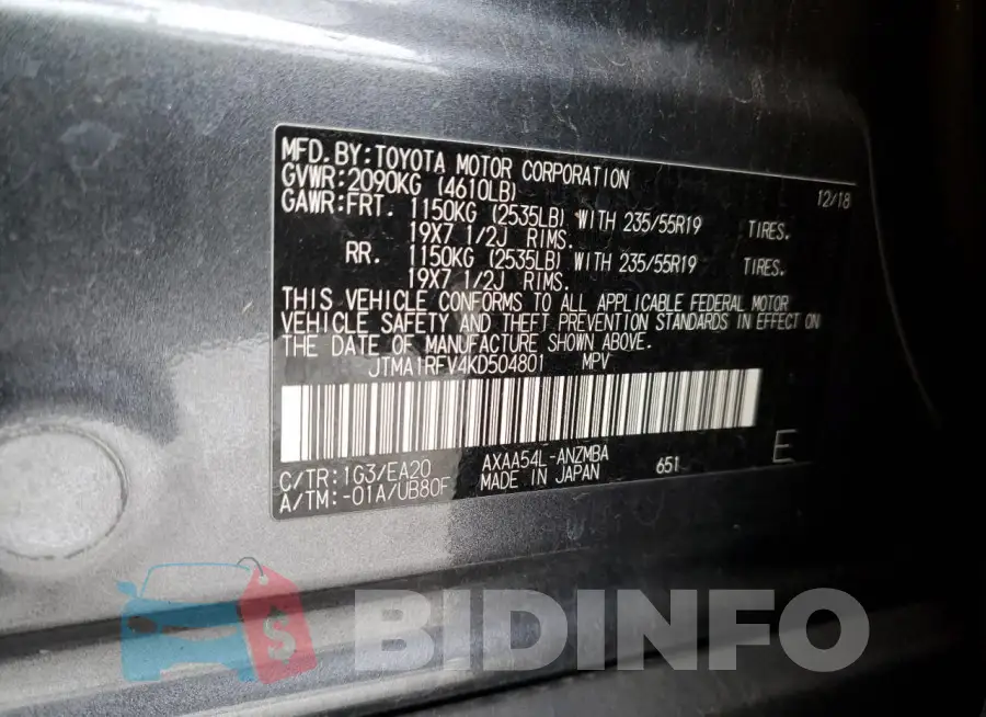JTMA1RFV4KD504801 Photo# 13