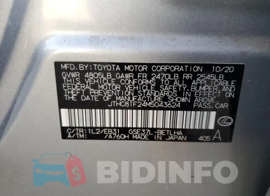 JTHC81F24M5043624 Photo# 12
