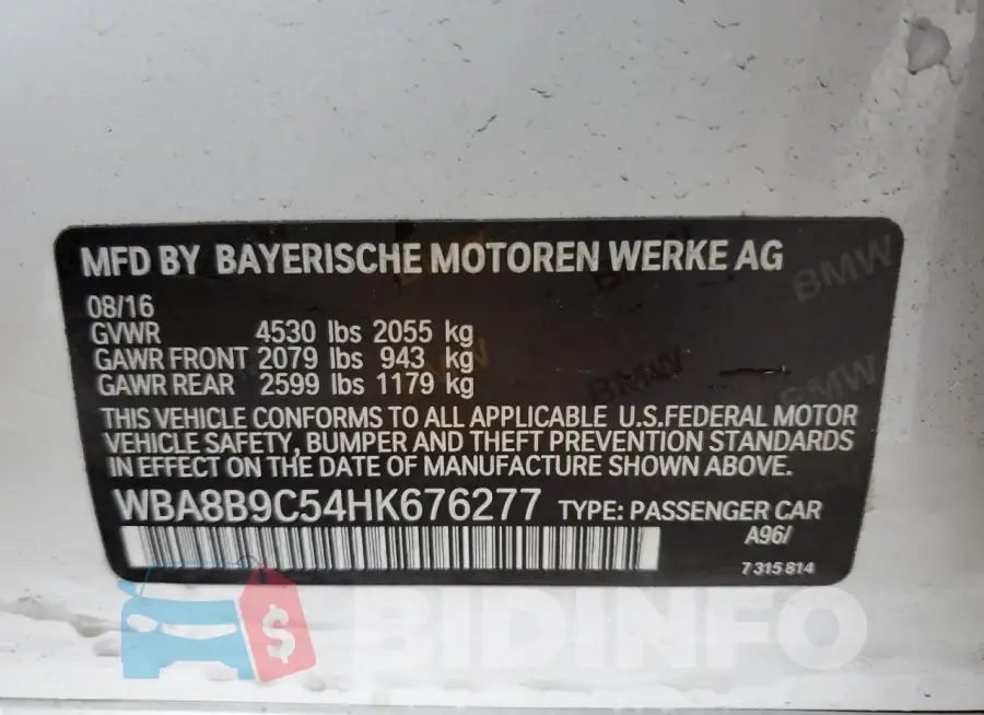 WBA8B9C54HK676277 Photo# 12