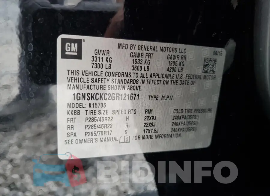 1GNSKCKC2GR121671 Photo# 13