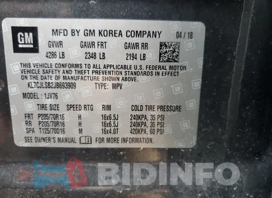 KL7CJLSB2JB693909 Photo# 13