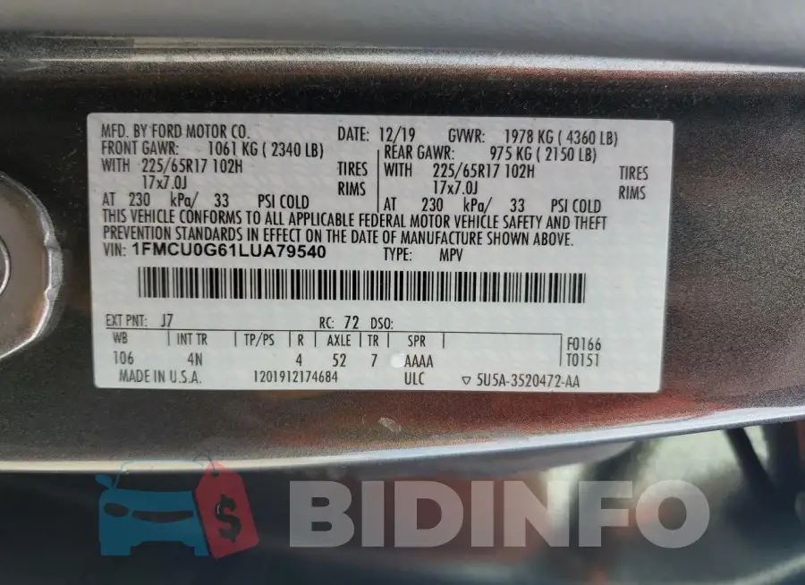 1FMCU0G61LUA79540 Photo# 14