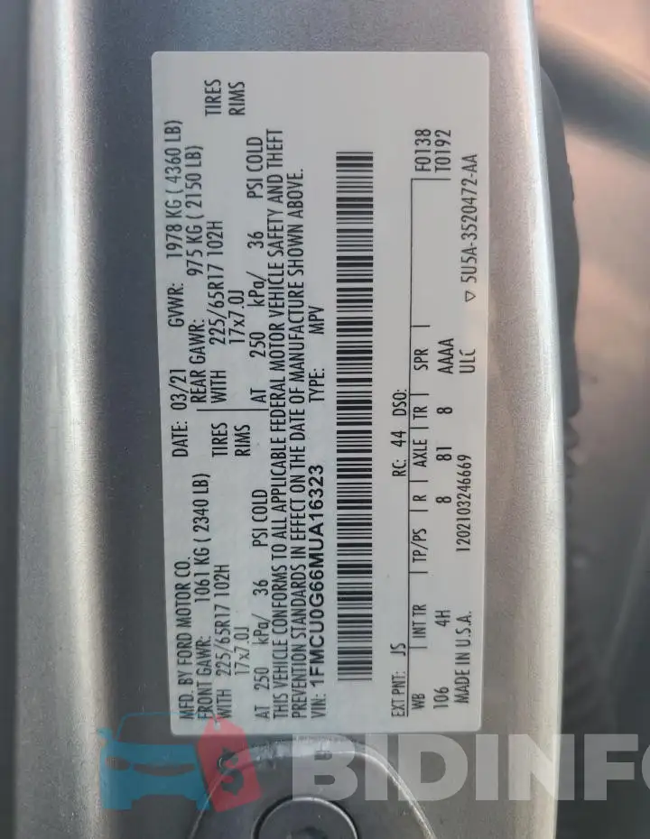 1FMCU0G66MUA16323 Photo# 13