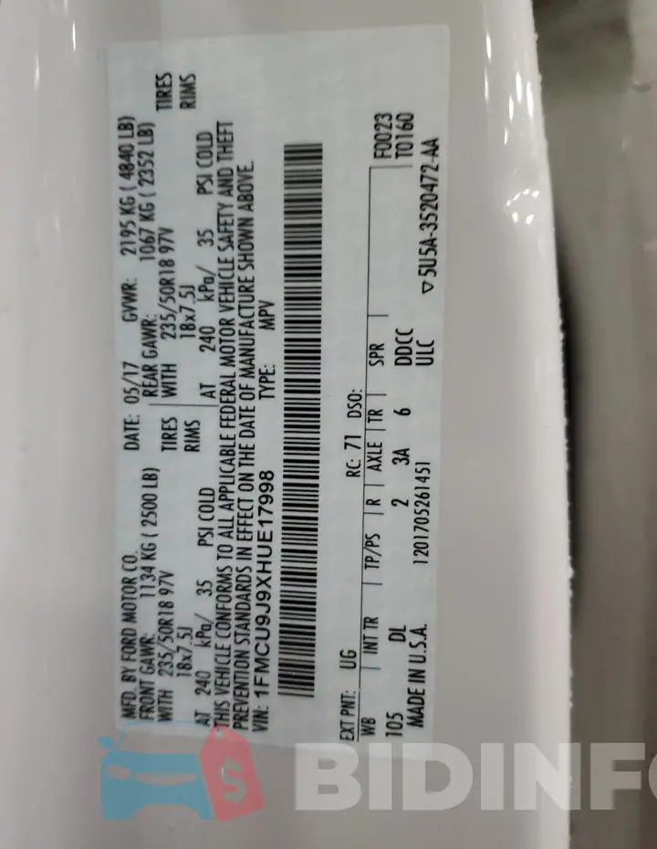 1FMCU9J9XHUE17998 Photo# 13