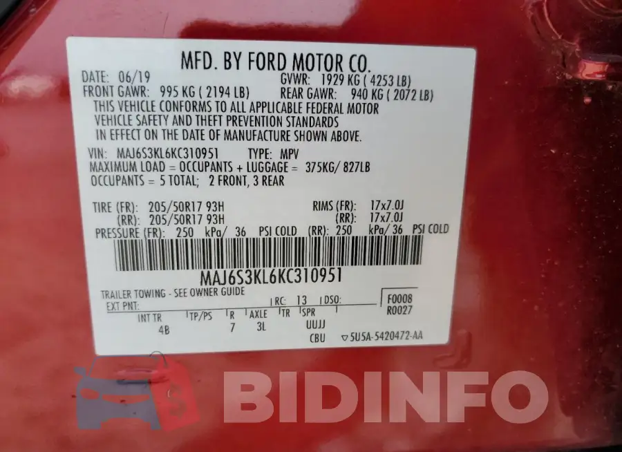MAJ6S3KL6KC310951 Photo# 14