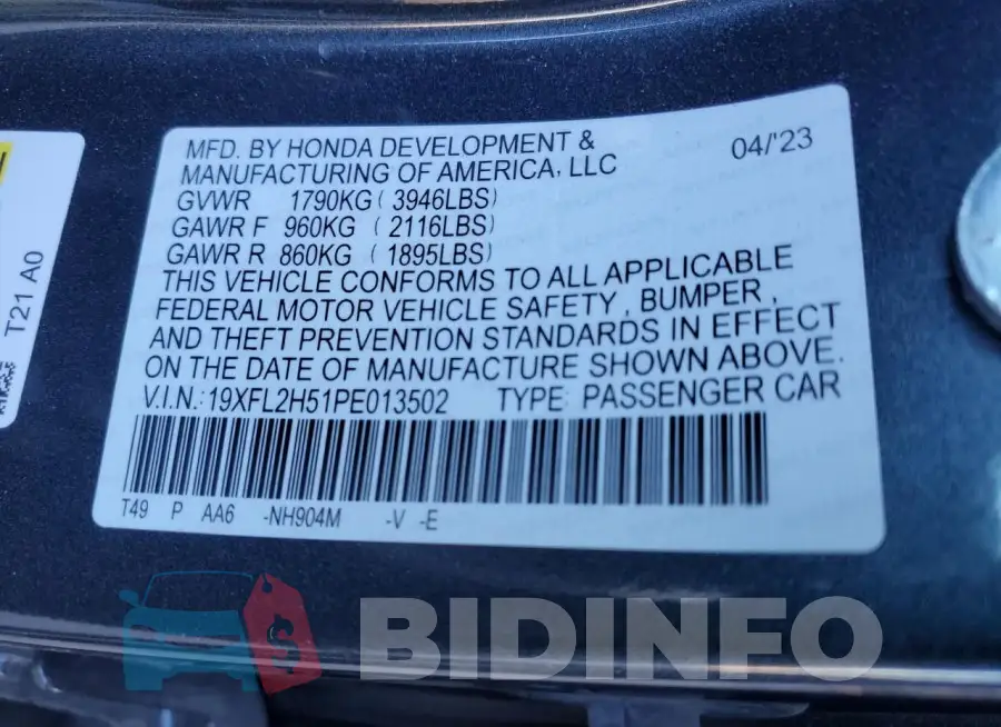 19XFL2H51PE013502 Photo# 12
