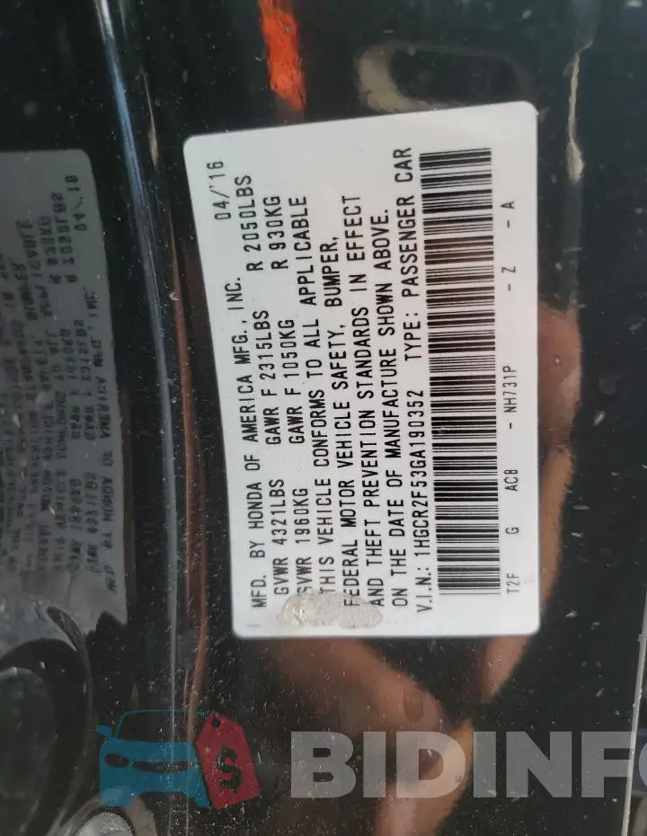 1HGCR2F53GA190352 Photo# 12