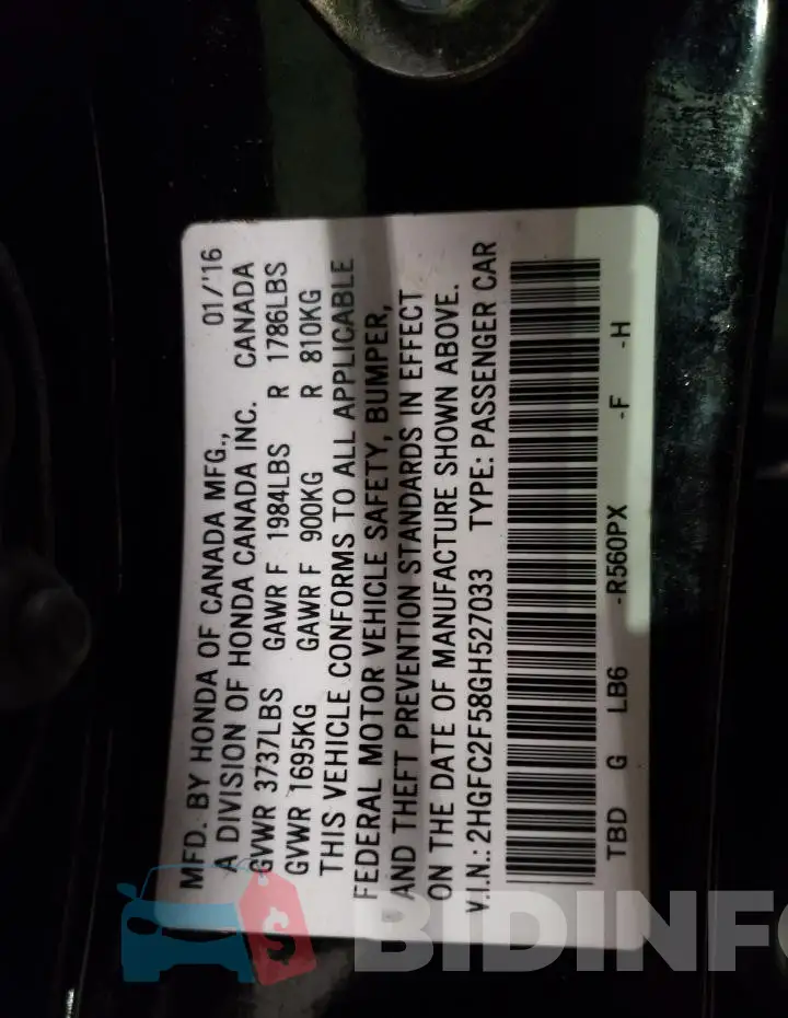 2HGFC2F58GH527033 Photo# 12