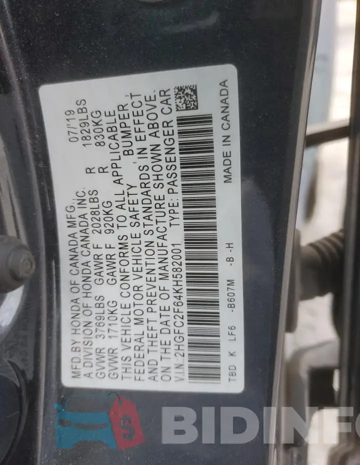 2HGFC2F64KH582001 Photo# 12