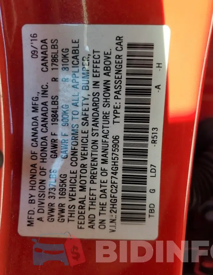 2HGFC2F74GH575906 Photo# 12