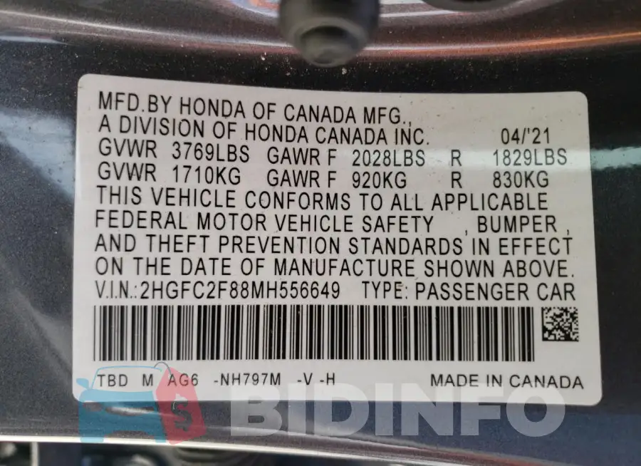 2HGFC2F88MH556649 Photo# 13
