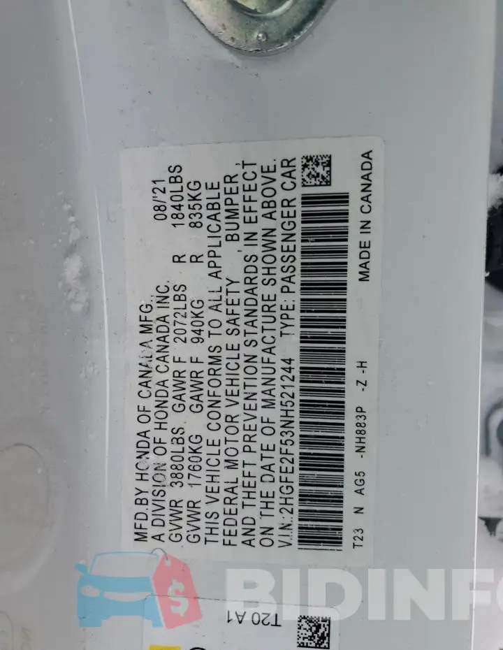 2HGFE2F53NH521244 Photo# 12