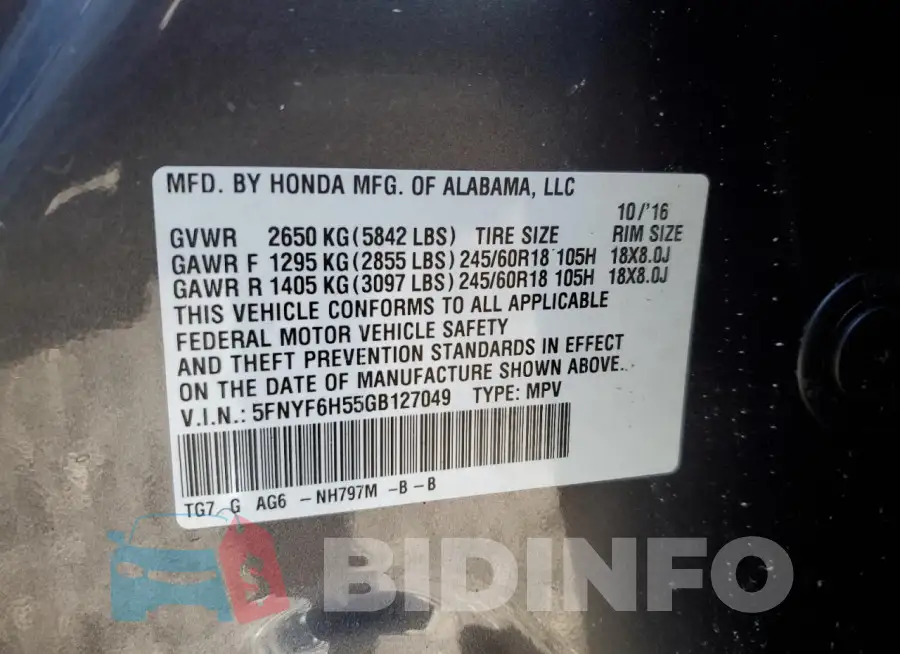 5FNYF6H55GB127049 Photo# 14