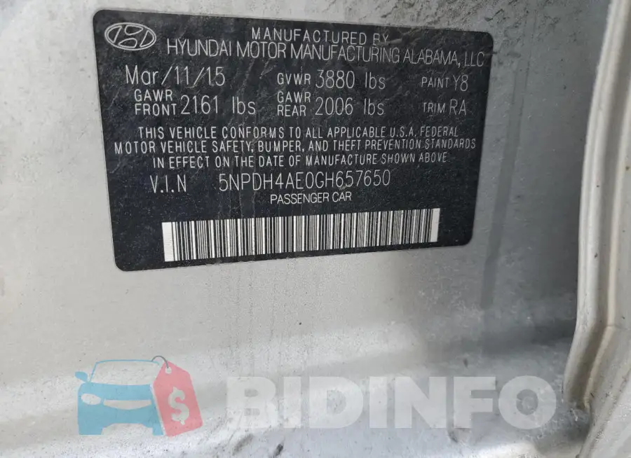 5NPDH4AE0GH657650 Photo# 12
