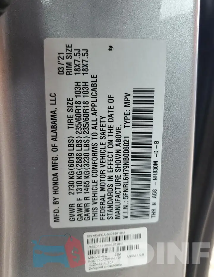 5FNRL6H79NB006021 Photo# 13