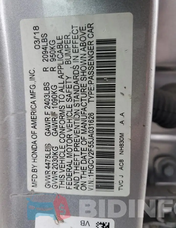 1HGCV2F55JA031626 Photo# 12