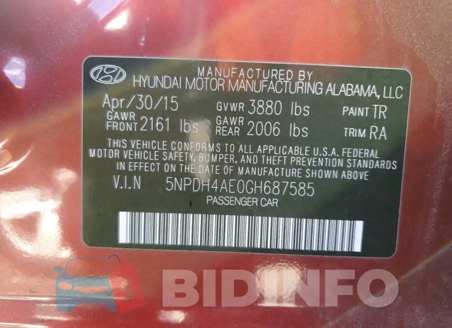 5NPDH4AE0GH687585 Photo# 13