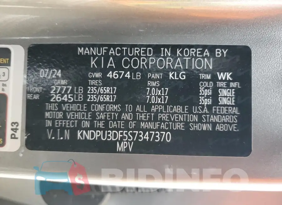 KNDPU3DF5S7347370 Photo# 13