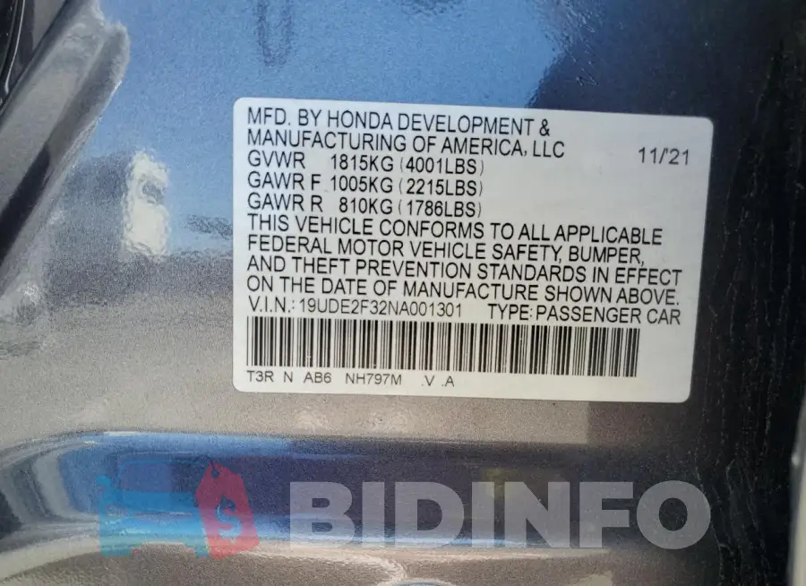 19UDE2F32NA001301 Photo# 12