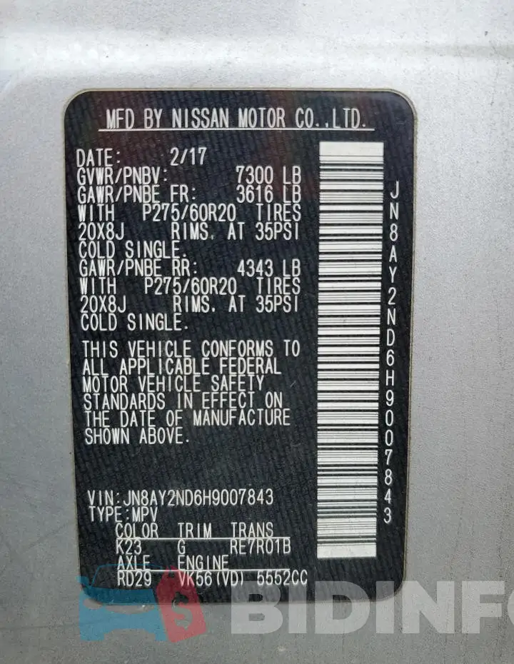 JN8AY2ND6H9007843 Photo# 13