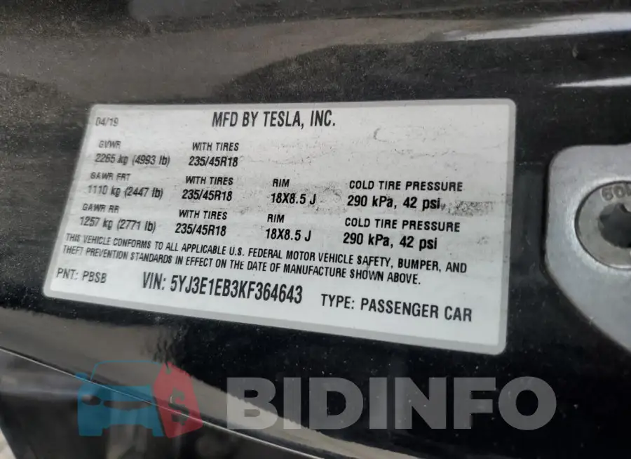 5YJ3E1EB3KF364643 Photo# 13