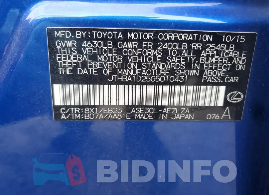 JTHBA1D25G5010431 Photo# 12