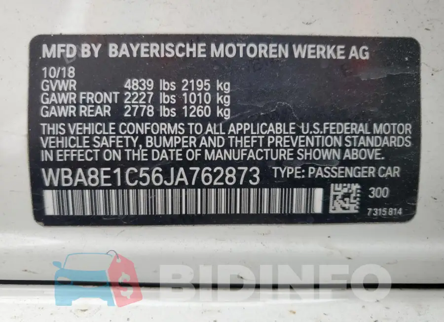 WBA8E1C56JA762873 Photo# 13
