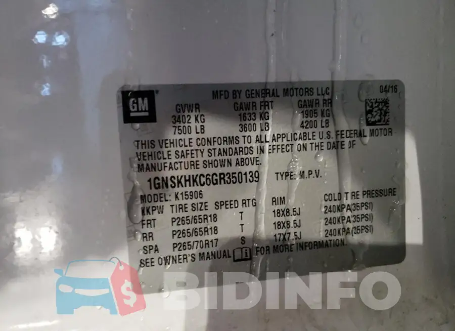 1GNSKHKC6GR350139 Photo# 13