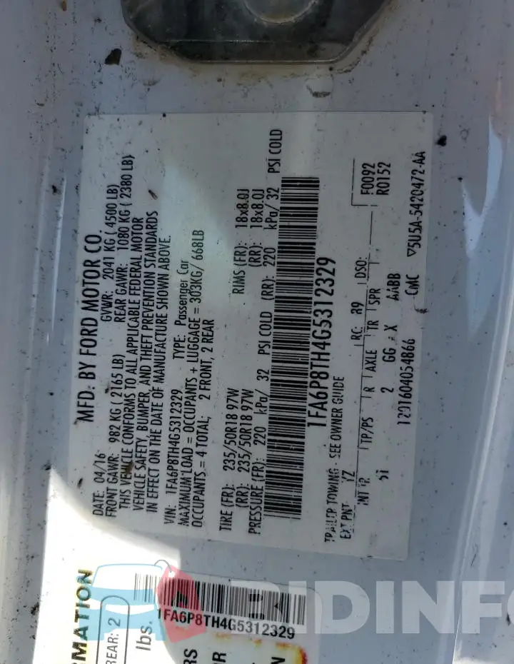 1FA6P8TH4G5312329 Photo# 12