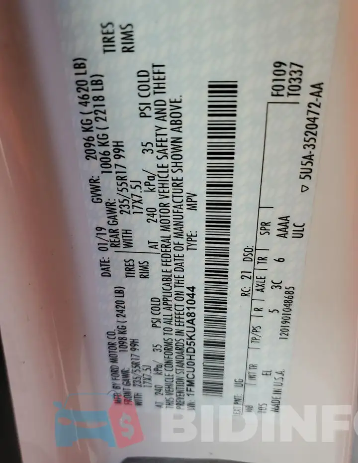 1FMCU0HD5KUA81044 Photo# 12