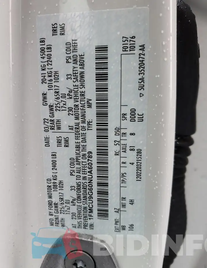 1FMCU9G60NUA60789 Photo# 14