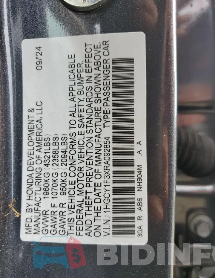 1HGCY1F3XRA092854 Photo# 12