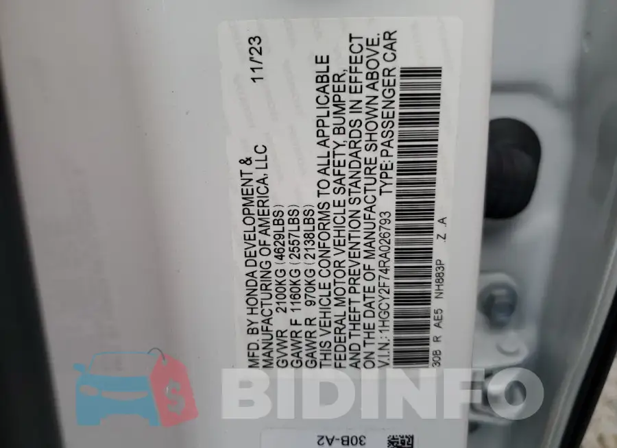 1HGCY2F74RA026793 Photo# 12