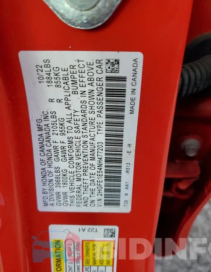 2HGFE1E54NH477203 Photo# 12