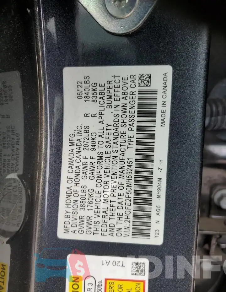 2HGFE2F50NH592451 Photo# 12