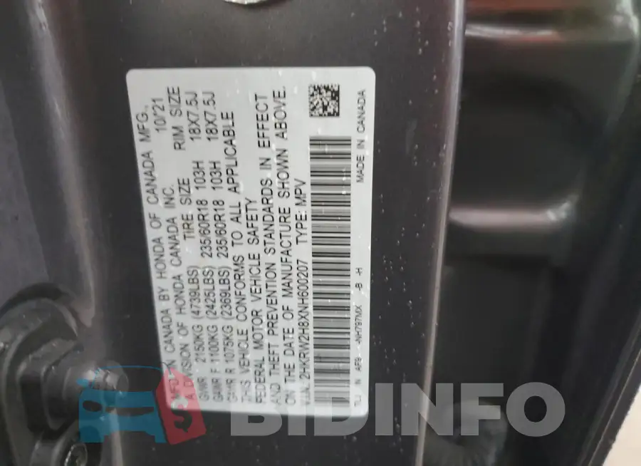 2HKRW2H8XNH600207 Photo# 13