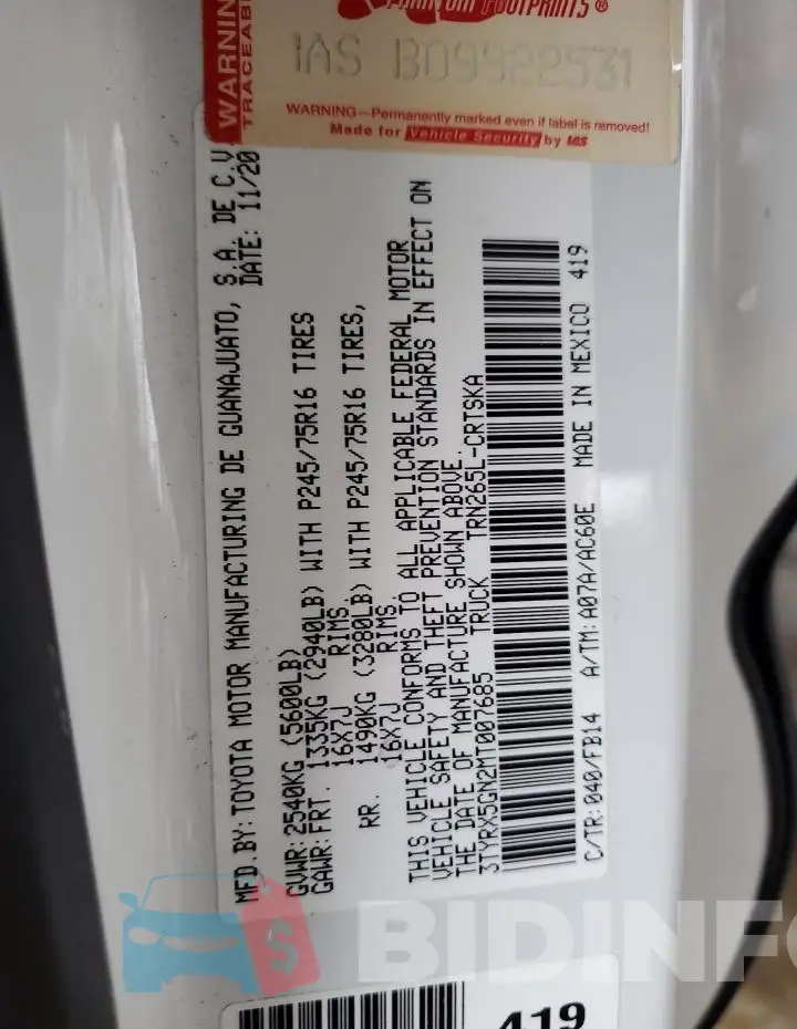 3TYRX5GN2MT007685 Photo# 12