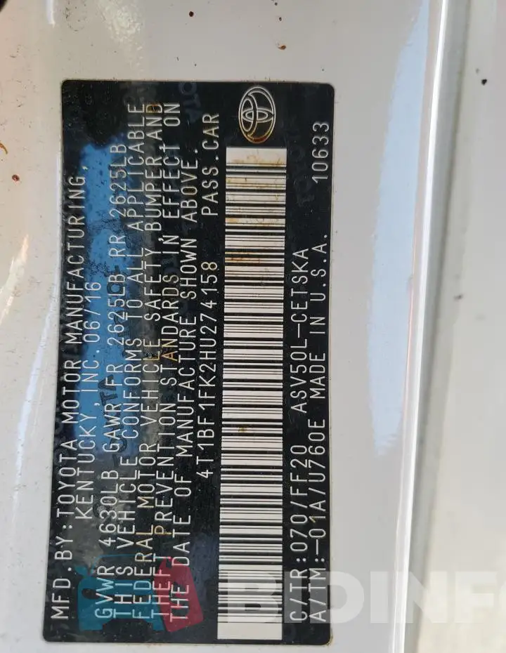 4T1BF1FK2HU274158 Photo# 12