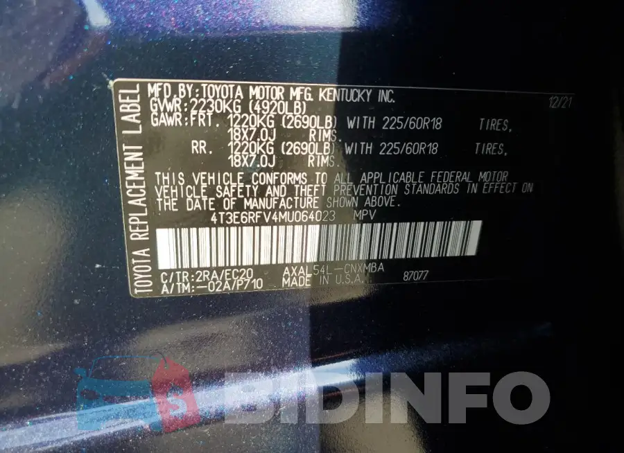 4T3E6RFV4MU064023 Photo# 13