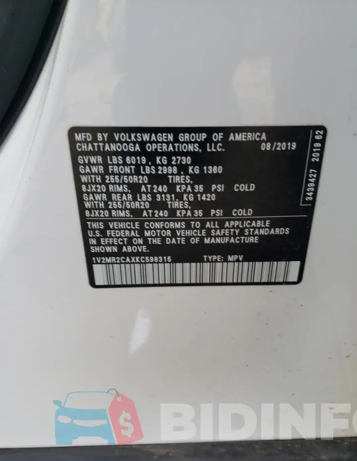 1V2MR2CAXKC598315 Photo# 14