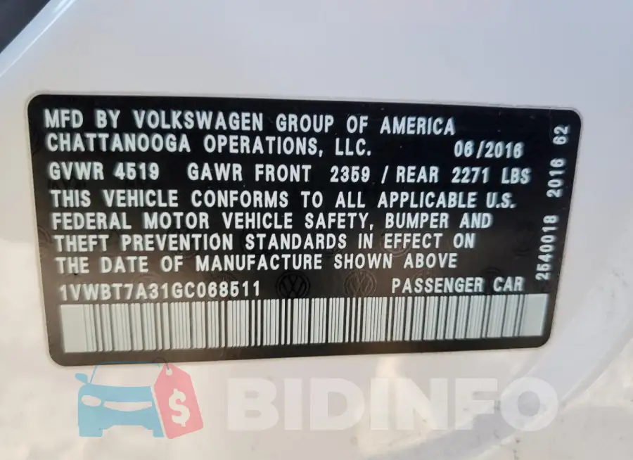 1VWBT7A31GC068511 Photo# 13