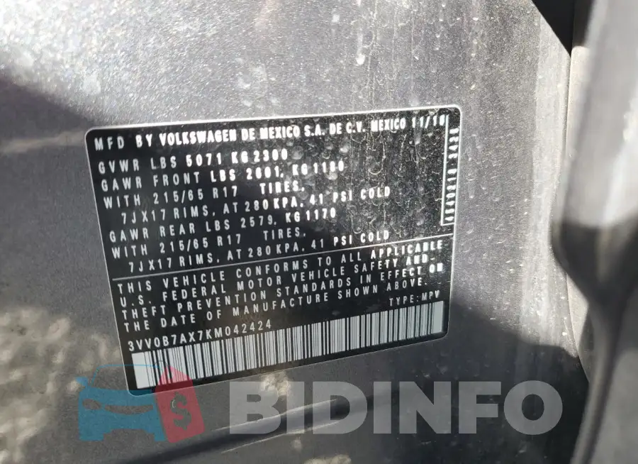 3VV0B7AX7KM042424 Photo# 13