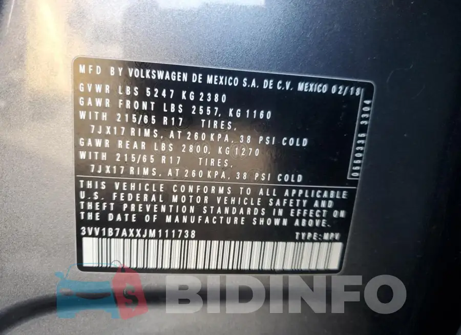 3VV1B7AXXJM111738 Photo# 13
