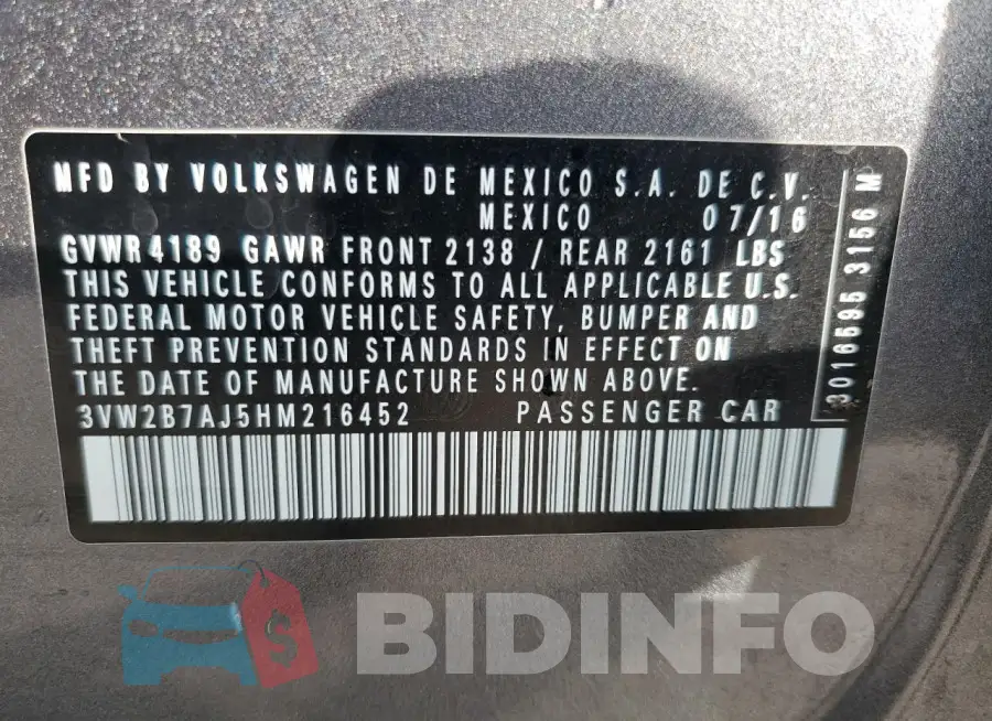 3VW2B7AJ5HM216452 Photo# 12