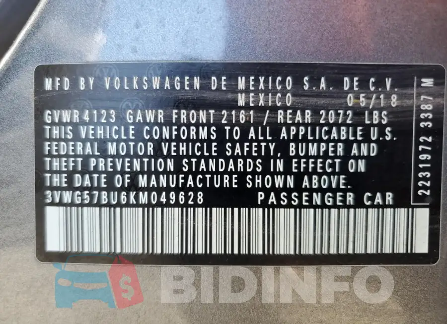 3VWG57BU6KM049628 Photo# 12