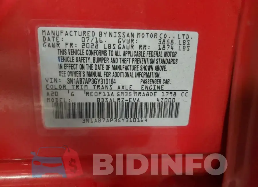 3N1AB7AP3GY310164 Photo# 12