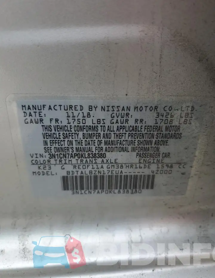 3N1CN7AP0KL838380 Photo# 12