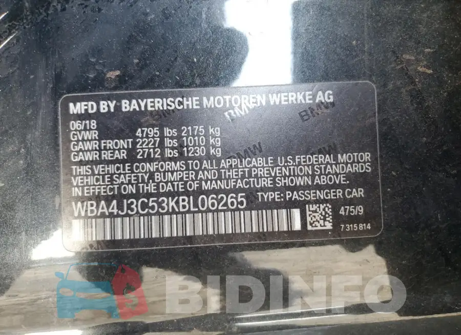 WBA4J3C53KBL06265 Photo# 12