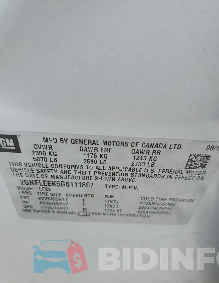 2GNFLEEK5G6111807 Photo# 13